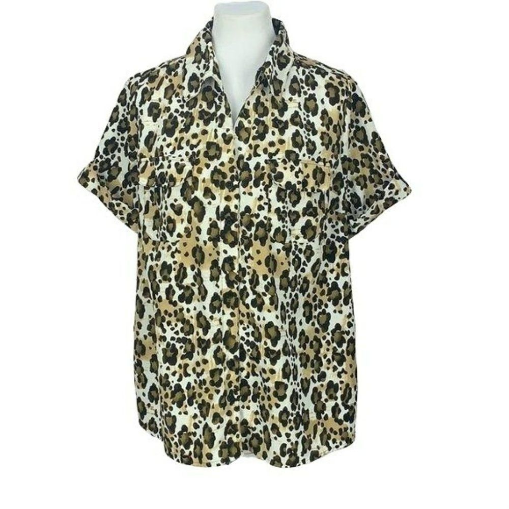 Essentials 0X Leopard Print Button Down‎ Blouse